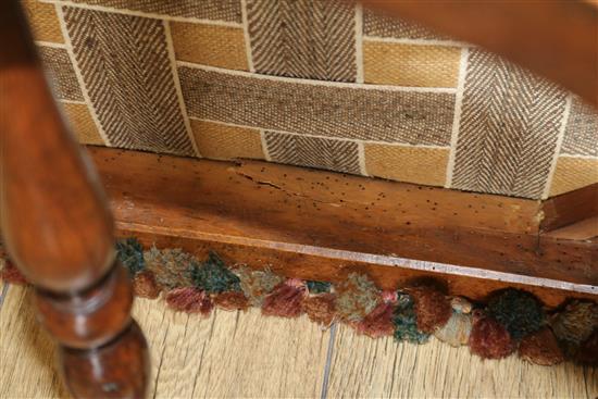 A Victorian rosewood X shaped stool, with old tapestry upholstered top, W.52cm